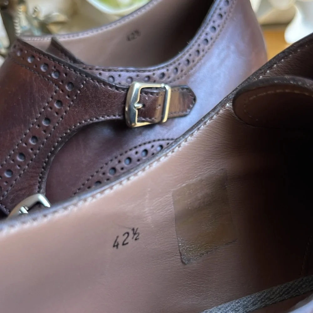 Brunello Cucinelli Brogue Wingtip Double Monk Strap Loafers in Brown Leather